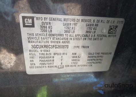 2015 Chevrolet Silverado 1500 2Lt из США, поврежденный, VIN 3GCUKREC3FG260870